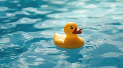 On a scorching summer day a bright yellow rubber duck lazily floats on the serene blue water of a pool playfully taking a bath and swimming around