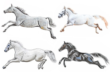 疾走するサラブレッド・馬の油絵タッチのイラスト4点セット　全身　白背景　年賀状素材　午年　AI生成画像