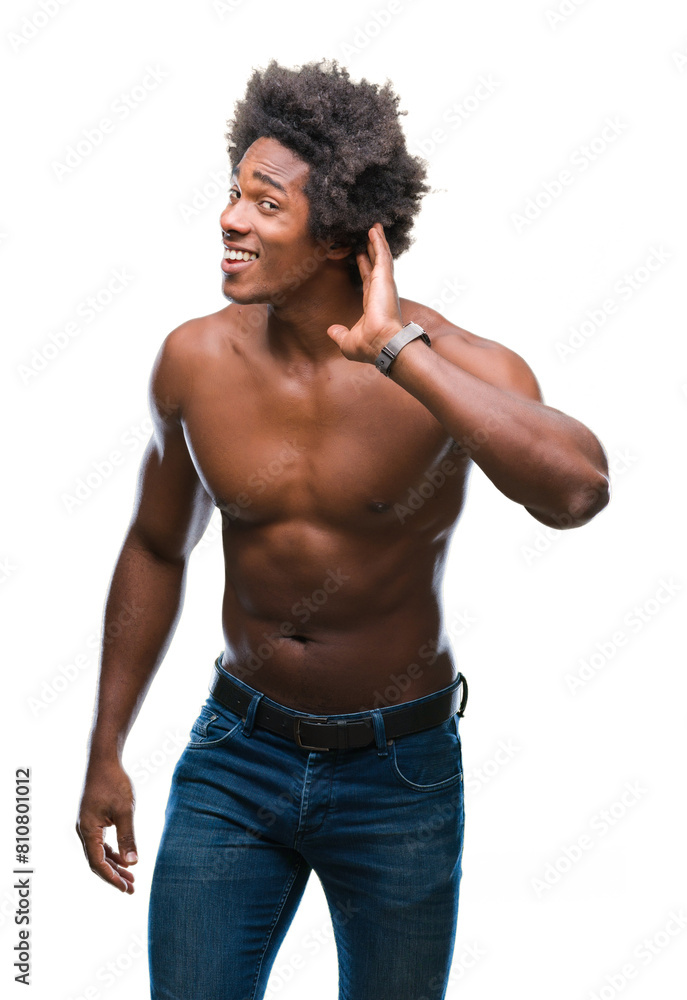 Poster Afro american shirtless man showing nude body over isolated background smiling with hand over ear listening an hearing to rumor or gossip. Deafness concept.