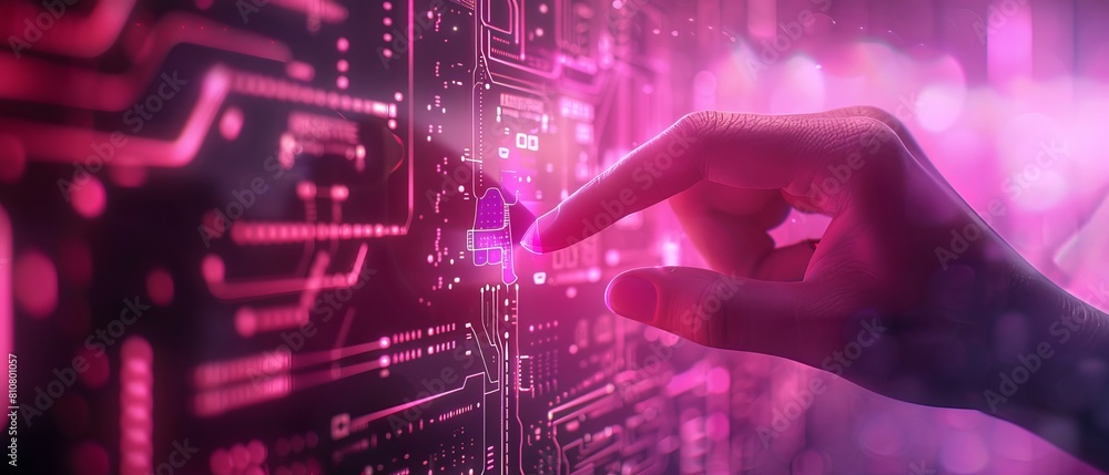 Poster concept of cyber security hacking: human finger presses touch screen button and creates computer vir