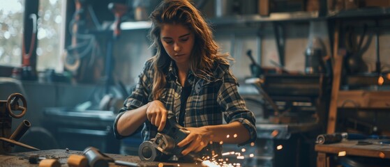 A female artist grinds metal tubes with a handheld power tool in a studio workshop. Women make brutal abstract art from metal tubes.