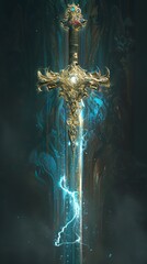 A spellimbued sword radiating lightninglike power from its blade like a burst of sunlight, the ornate jewelencrusted hilt glowing with polychromatic energy.