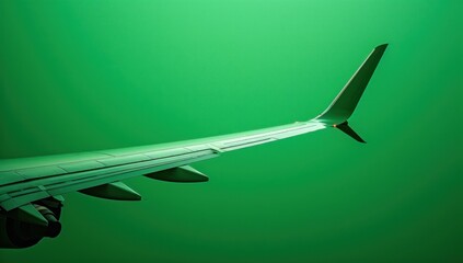 The airplane's wings stretch out majestically against the green screen background