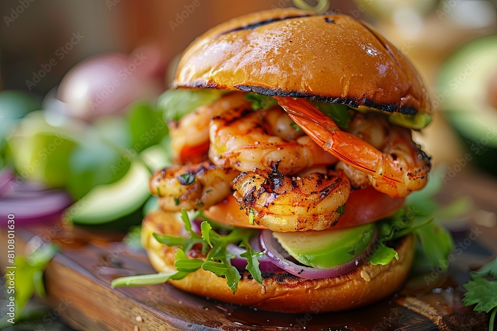 Canvas Prints Shrimp Burger: A juicy burger with grilled shrimp, flavorful avocado, and fresh vegetables, served on a toasted bun, is a great choice for a summer picnic