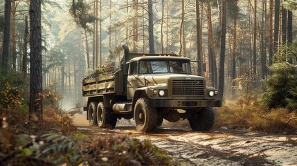 Fototapeta premium Olive drab utility truck in a forest setting, serving remote areas