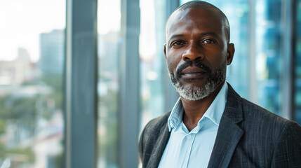 Confident Successful Middle-Aged African Businessman Posing by Modern Office Window - Professional Portrait in Formal Attire