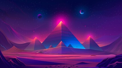 Pyramids in Egypt, pharaoh tomb complex on the Giza plateau illuminated by a brilliant mystic light under a starry sky. Cartoon icon.