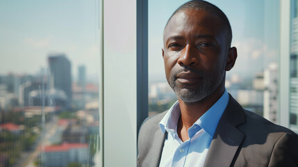 Confident Successful Middle-Aged African Businessman Posing by Modern Office Window - Professional Portrait in Formal Attire