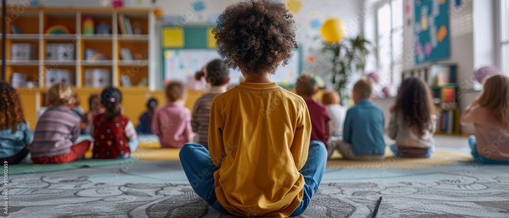 Poster in an elementary school creative class, students sit on carpets with their teachers explaining lesso