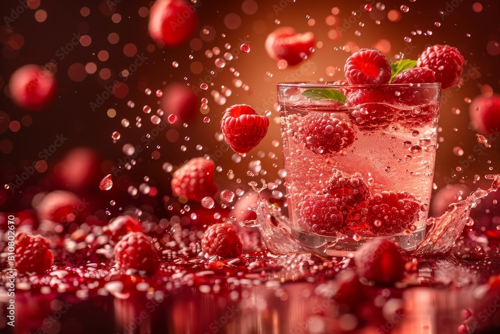 Aufkleber dynamic image capturing a splash in a glass with raspberries and berries flying around