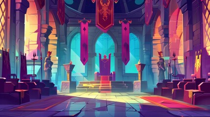 An interior of a castle hall, a ballroom where a king and queen sit, guards with swords, stone statues representing guards in medieval palaces. Fantasy, fairytale, computer game Cartoon modern