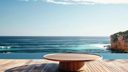 Obraz premium Wooden podium for display product, placed on a pristine white beach, with the serene ocean backdrop enhancing the product's simplicity. Generative AI