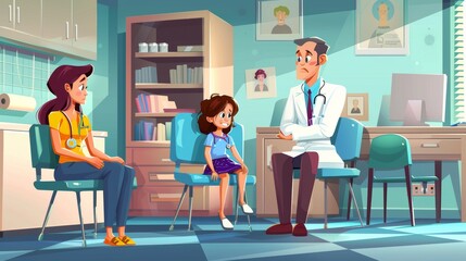 Doctor and female patient sit in a medical office with a female patient and a male doctor. Modern illustration of a hospital or clinic with a male doctor and a female patient with mother. - obrazy, fototapety, plakaty