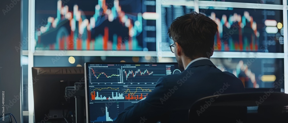 Poster the shot shows a motivated businessman working on the desktop computer with financial data, graphs, 