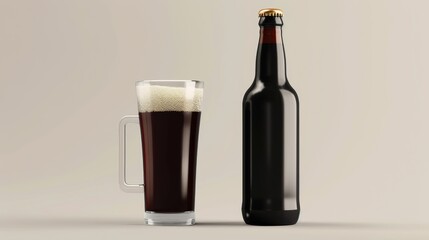 The beer bottle and empty tall glass is a modern realistic mockup of a brown glass bottle and a golden cap on a clear mug. Template for creating an alcohol beverage design.