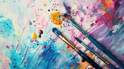 An artistic display of a watercolor painting in progress with colorful splashes and paintbrushes
