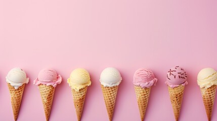 Explore a variety of food options like ice cream flavors and raspberries on a pink background....