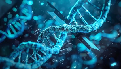 Potenziale della modificazione genetica, con icone come forbici molecolari e sequenza del DNA in evoluzione