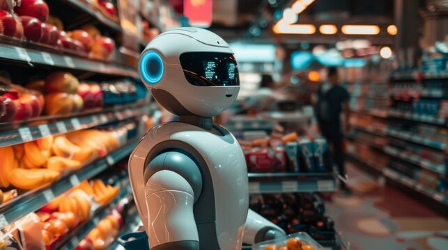 Robot intelligente al lavoro prende il posto di un commesso umano in un negozio