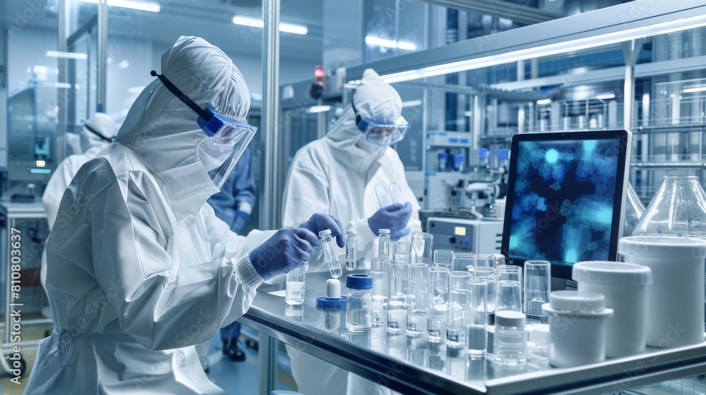 Aufkleber scientists in protective suits conducting experiments in a laboratory