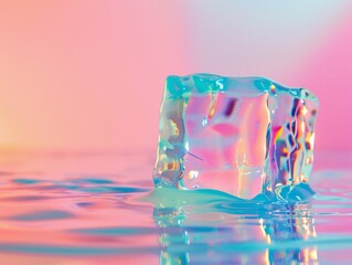 Image features a vibrant ice cube with reflected colors on a pink gradient background