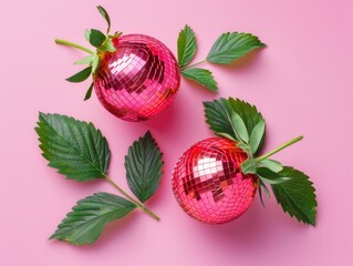 The images juxtapose reflective disco balls with organic strawberry green leaves creating a whimsical vibe