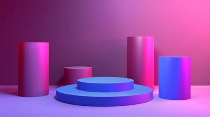Displays for exhibitions or award ceremonies, abstract geometric empty museum stages, geometric blank product stands, colorful set of 3D moderns in realistic style