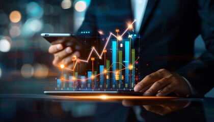 Uomo d'affari che utilizza il tablet analizzando i dati di vendita e il grafico della crescita economica. Tecnologia e la connettività globale per sviluppare strategie di marketing innovative.