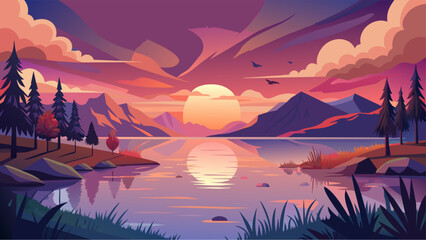 A beautiful landscape with a large body of water and a large mountain range in the background. The sky is a mix of purple and orange, and the sun is setting. The scene is peaceful and serene