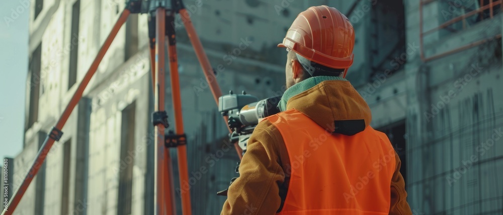 Poster worker in hard hat making projections for the building on construction site using theodolite surveyi