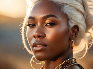 portrait African woman model and blond hair style with warm light background, realistic oil painting human face style for cosmetic and spq service ads.