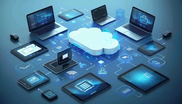 cloud con un insieme di dispositivi, smartphone, tablet, laptop ad esso collegati, presentando l'interconnessione tra i dispositivi elaborati dal cloud