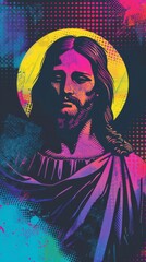 A vibrant painting of Jesus set against a colorful backdrop, radiating divine presence