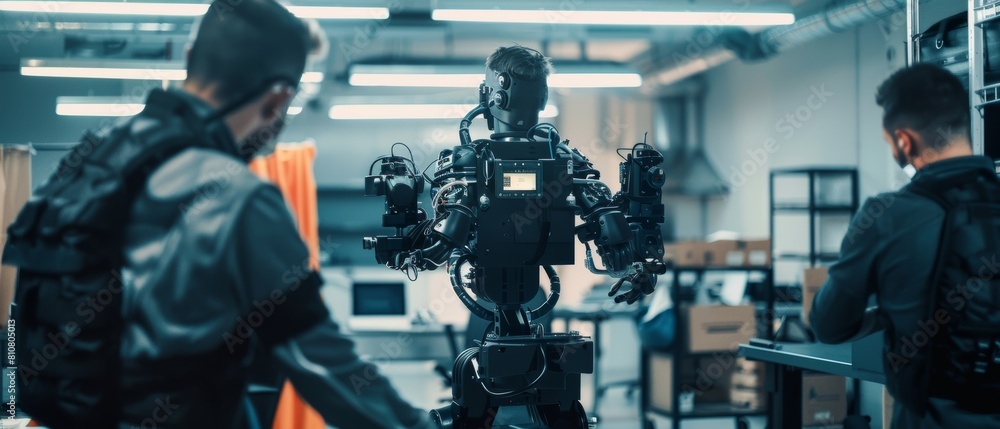 Poster engineers and scientists work on bionic exoskeleton prototype in robotics development laboratory. de