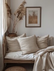 A snug and inviting nook adorned with plush cushions and surrounded by natural decor, such as dried pampas grass