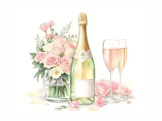 Champagne bottle and two glasses with pink rose flowers isolated on white background. Watercolor illustration for design, wedding invitation, greeting card, template, wallpaper, background