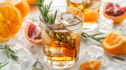 Glass of cold tea with rosemary and citrus fruits 