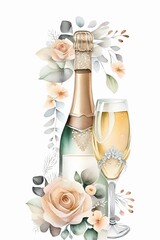 Champagne bottle and gold champagne glass with rose floral adorn, painted in watercolor. Wedding drink illustration for design, invitation, greeting card, template, wallpaper, background
