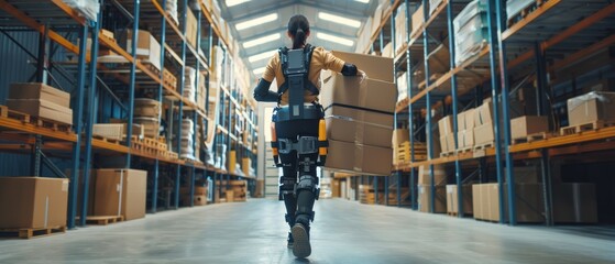 Futuristic warehouse scene, worker wearing advanced exoskeleton, carrying heavy cardboard box. Exosuit enhances performance, strength, and eliminates occupational injuries.