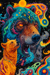 The bear stands face to face with the wolf, both animals look at each other with hostility. Tribal patterns intertwine in the background