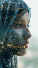 double exposure photography. arabic face in abaya shaped by buildings from Dubai,