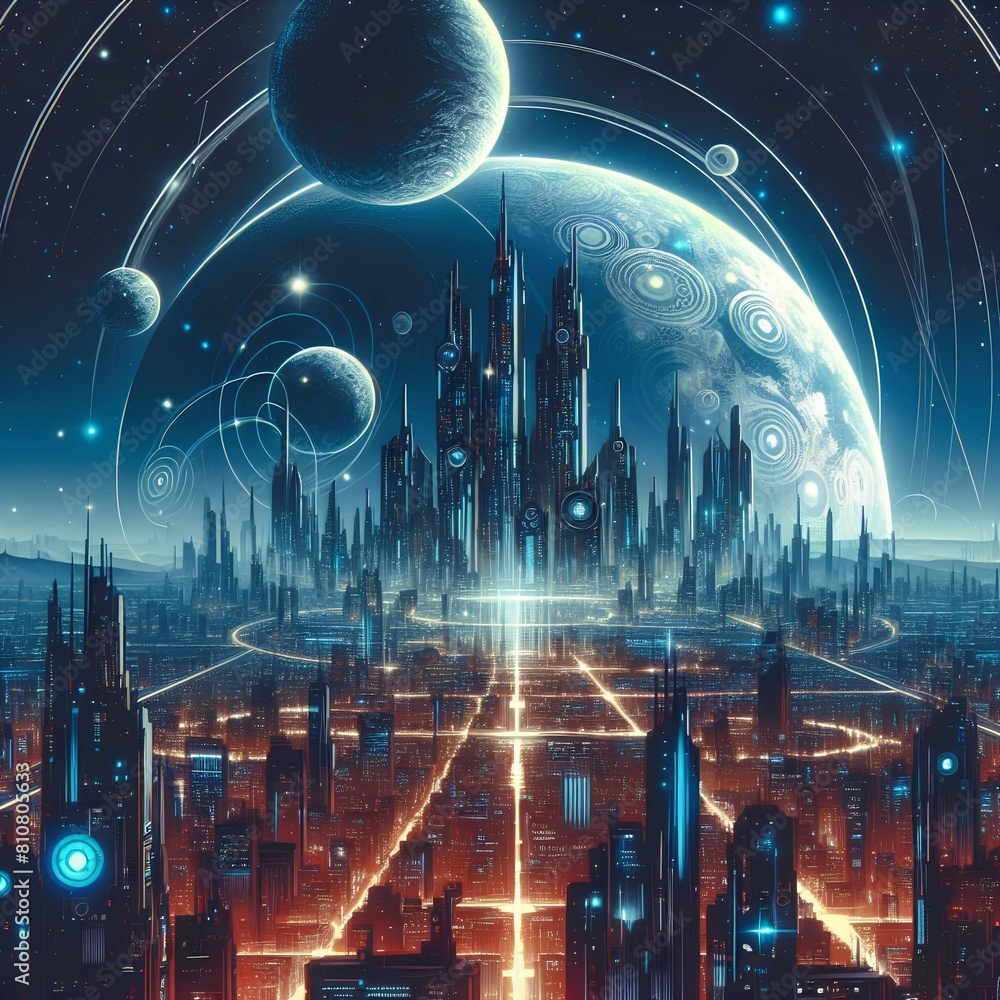 Wall mural Mega capital city futuristic Sci-fi town background, sci-fi landscape fantastic, alien city planet society, night scene with stars and planet.