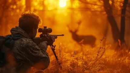 Amidst the serenity of the forest, a camouflaged hunter takes aim at a deer in the early morning light.