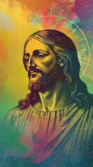 A colorful background sets the stage for a powerful depiction of Jesus, radiating light and grace