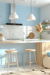 An elevated kitchen design featuring white pendant lights, blue cabinets, wooden stools, and decorative dried pampas grass