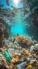 underwater photography, tropical sea. Below under water there is garbage, plastic bottles and a turtle.