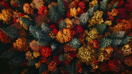 A breathtaking aerial view of a colorful autumn forest, with trees ablaze in shades of red, orange, and gold as far as the eye can see.