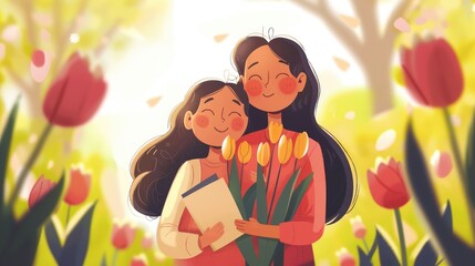 On Mother s Day a daughter lovingly congratulates her mom with a heartfelt gesture of tulips and a sweet postcard The mother and daughter share joyful smiles and warm hugs celebrating this s