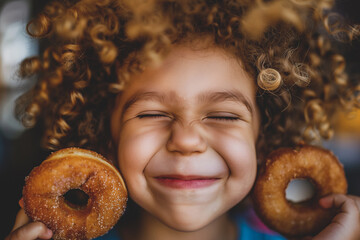 Portrait of a little smiling girl with curly hair and two appetizing donuts in her hands, closes her eyes - Powered by Adobe