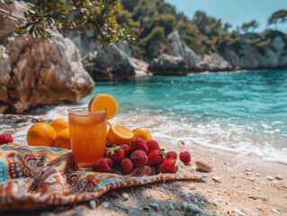 beach towel spread out on the sand, on which fruits and drinks lie